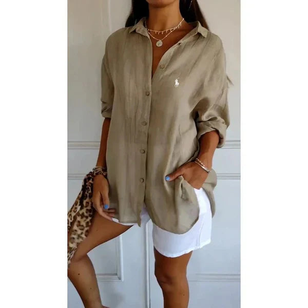 Camisa clásica para mujer RL con cuello doble y botones