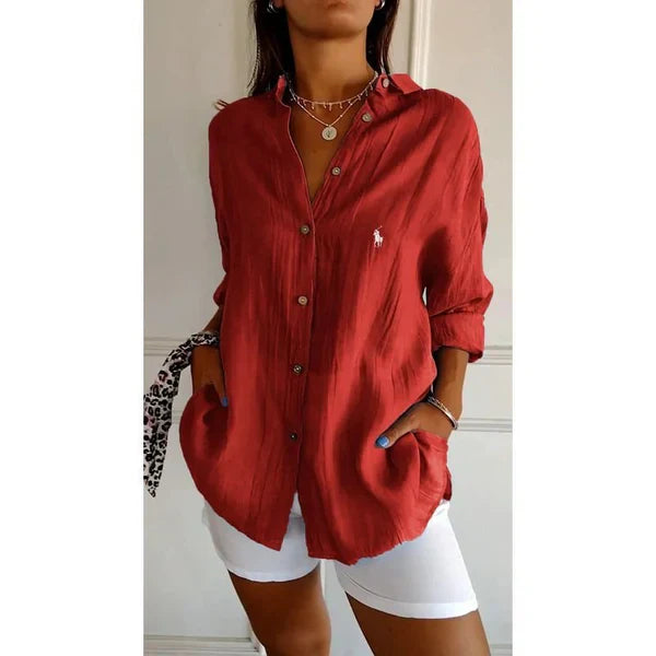 Camisa clásica para mujer RL con cuello doble y botones