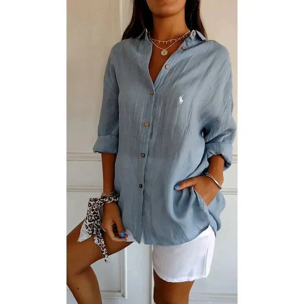 Camisa clásica para mujer RL con cuello doble y botones