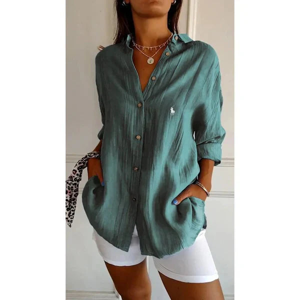 Camisa clásica para mujer RL con cuello doble y botones